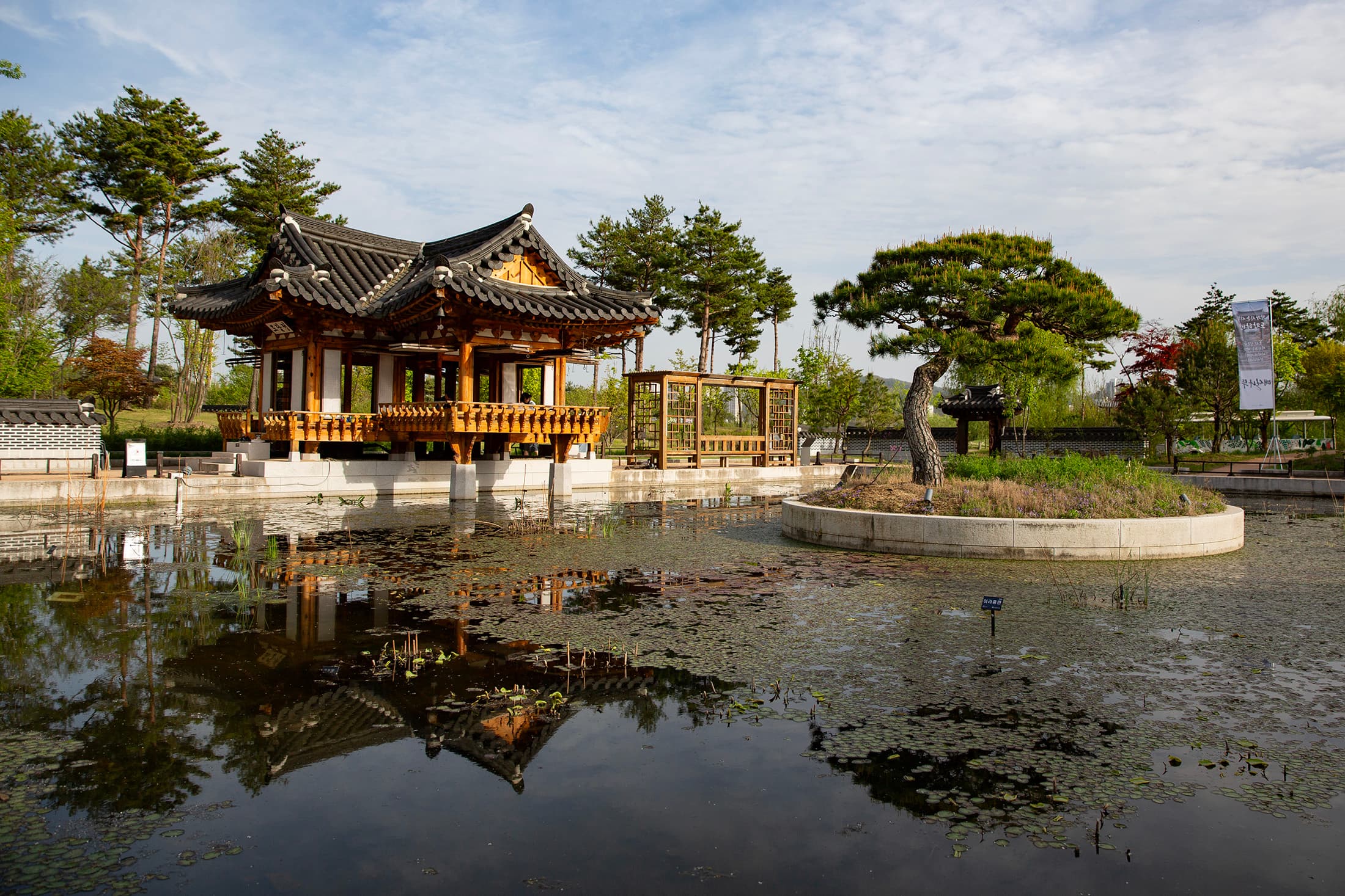 樹木園內的韓式庭園精準復刻朝鮮時代宮廷美學,古典樓閣在流水旁顯得格外優雅。