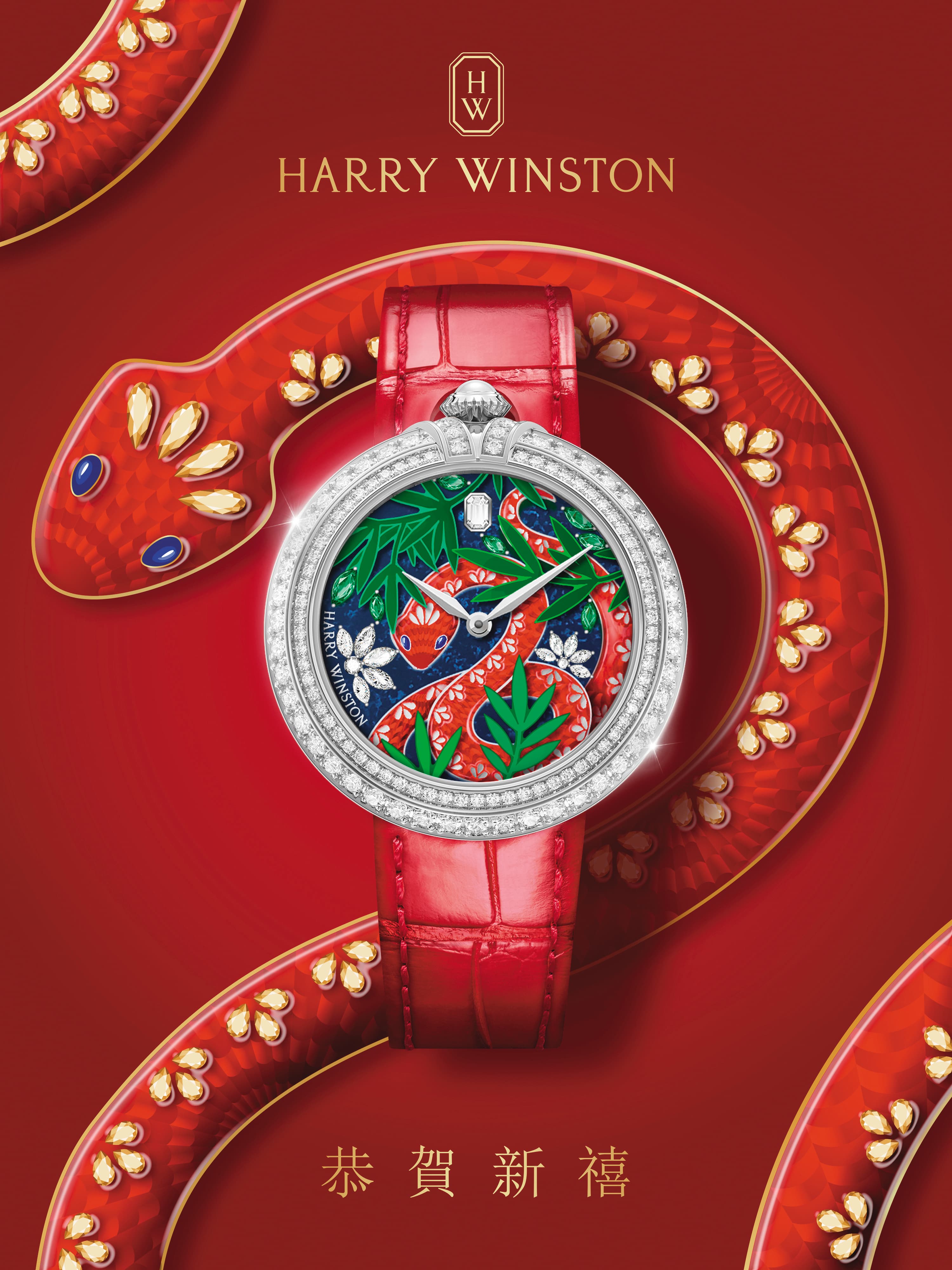 HARRY WINSTON迎接蛇年推出的全新Moments系列限定腕錶,以18K白金錶殼展現夜晚的深邃魅力。(海瑞溫斯頓提供)