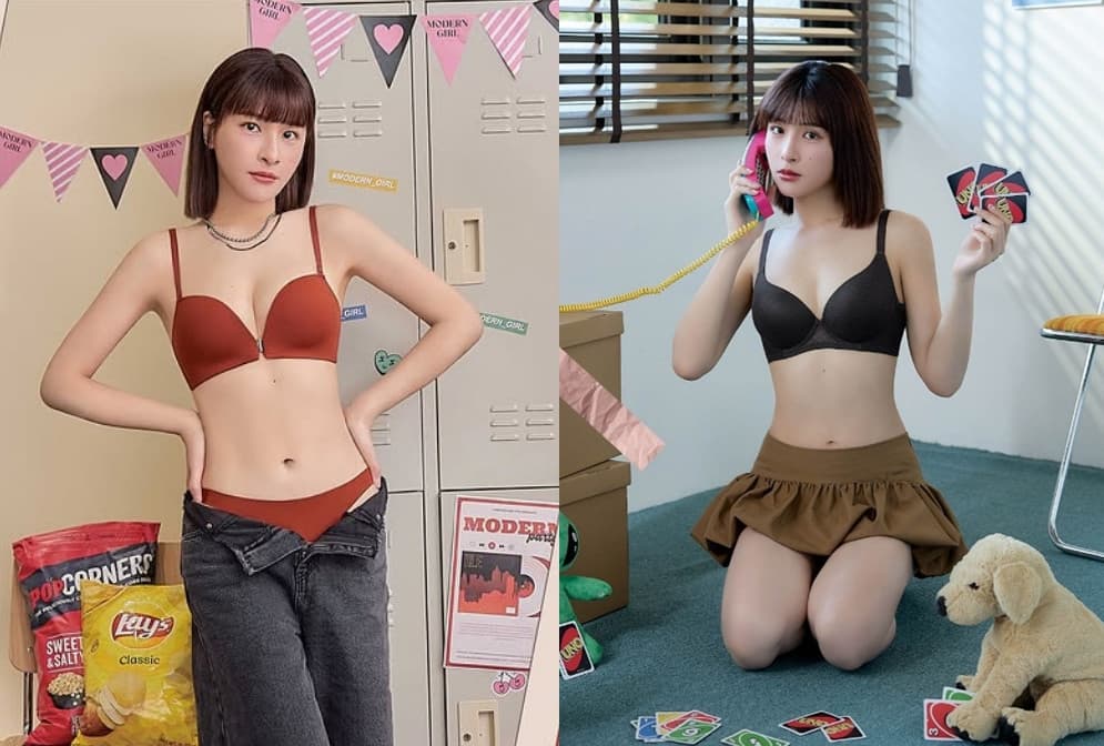 峮峮身穿深色系內衣搭配露膚內褲,蜜桃臀成為照片亮點。(翻攝IG@qun_04)