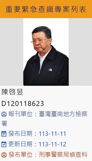 陳啟昱遭南檢發布通緝,刑事局緊急更新查緝專刊照片,通報全國司法機關協助抓人。(翻攝刑事局官網)