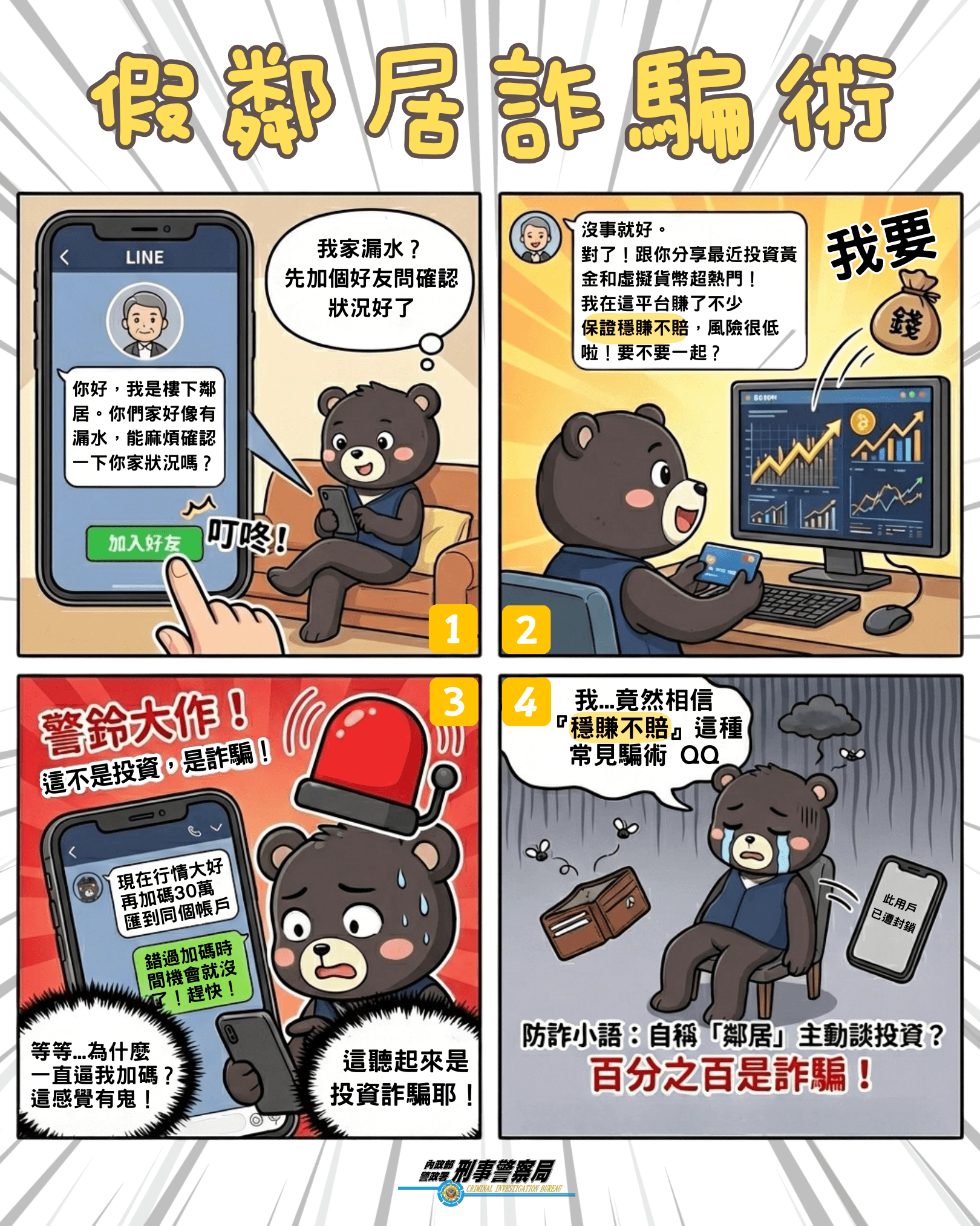 警方公布假鄰居詐騙宣導圖。(刑事局提供)