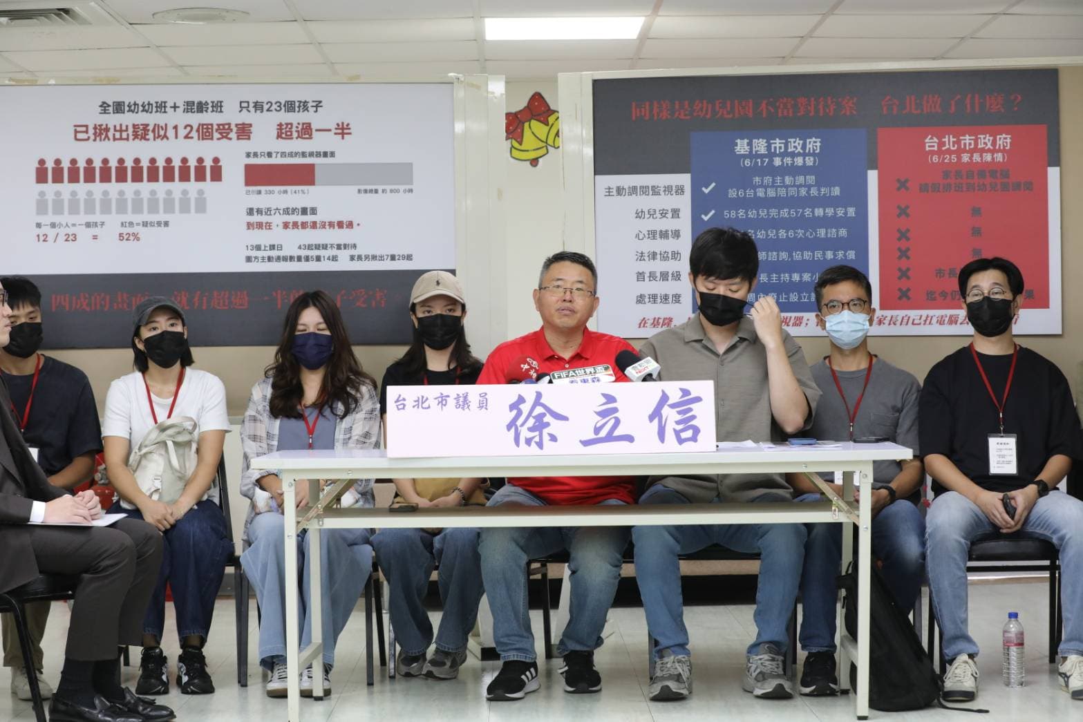 北市幼兒園疑爆集體虐童案，議員徐立信與家長開記者會控訴。