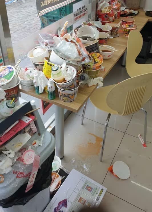 垃圾桶被塞爆，座位區上也是一大堆用餐後的垃圾。（翻自《NEWS 1》）