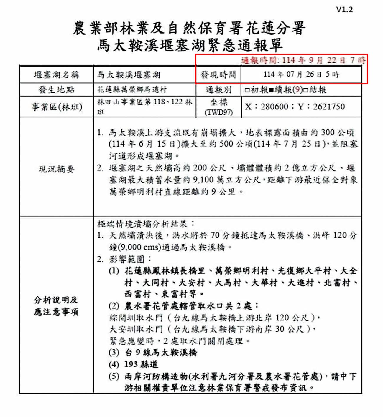 中央早在災變前即發文示警,內政部與農業部9度以紅色警戒要求花蓮縣府「務必強制撤離」,但部分公文在縣府內部未完成層級流轉即結案。(翻攝畫面)