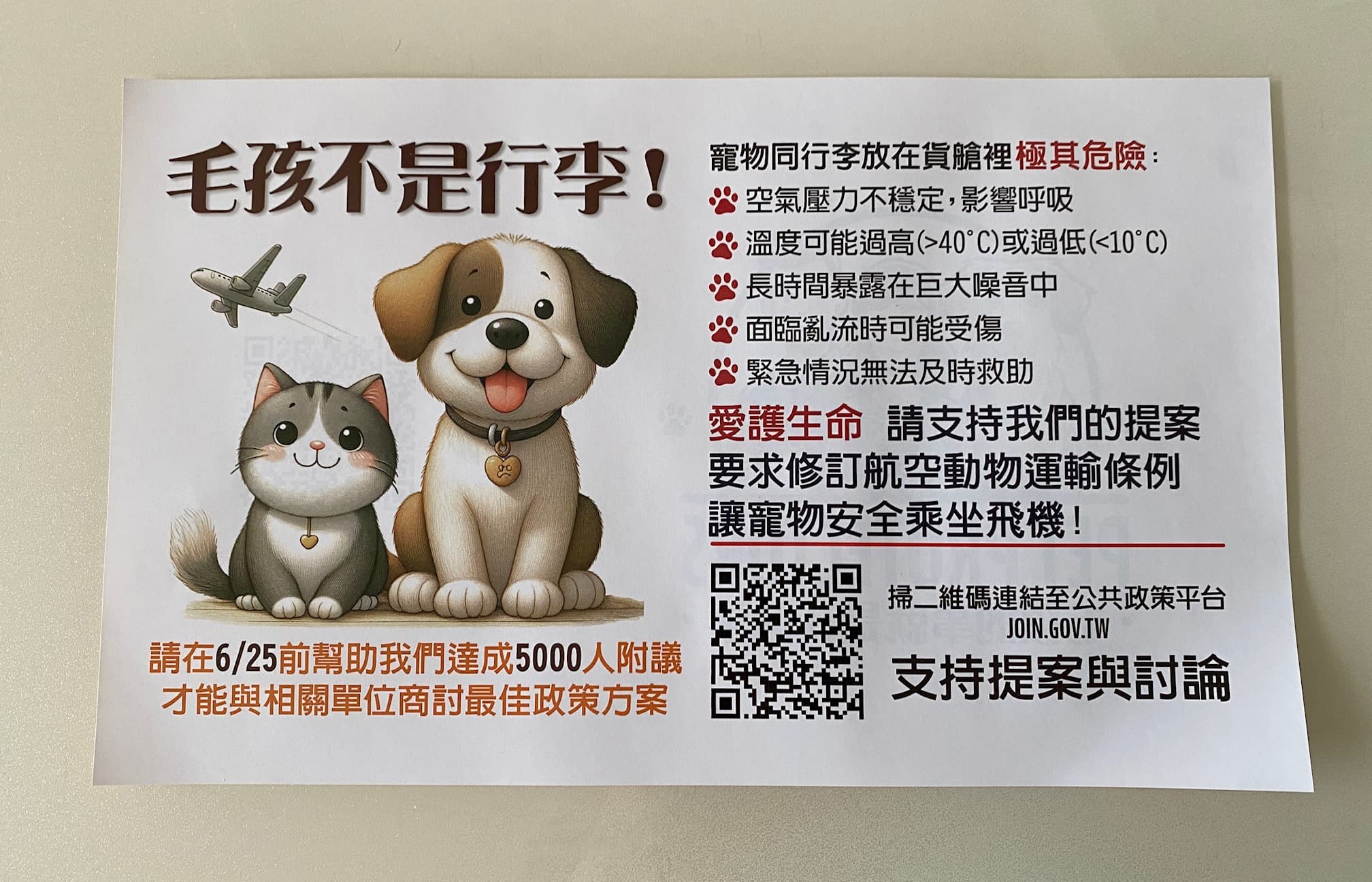 寵物搭飛機目前必須依照規定放置於貨艙內,有民眾推動連署,希望修改相關規定。(民眾提供)