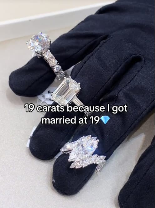 琳達宣稱老公為了紀念她19歲結婚,曾送她19克拉的鑽石戒指。(翻攝抖音@lionlindaa)