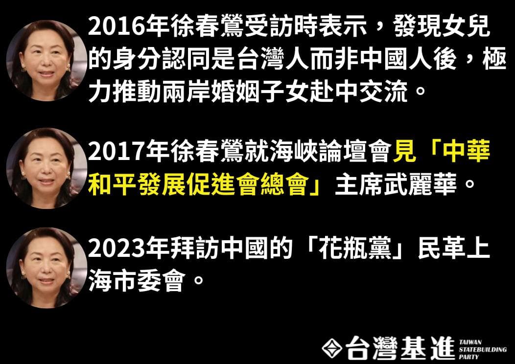 徐春鶯被爆長期與中共統戰單位交流、被當作中共統戰樣板。(台灣基進提供)