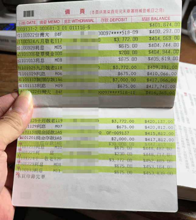 有網友從存摺的固定利息金額推測阿嬤可能有百萬財產。(翻攝臉書社團「爆廢公社二館」)