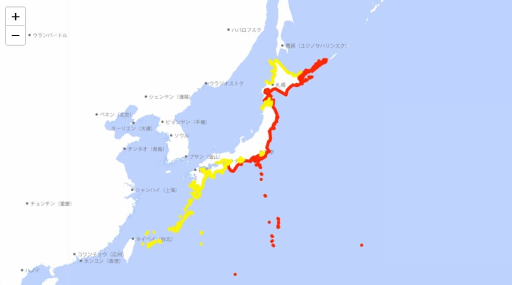 日本氣象廳緊急發布海嘯警報,整個東部都亮起警示。(翻攝自日本氣象廳)