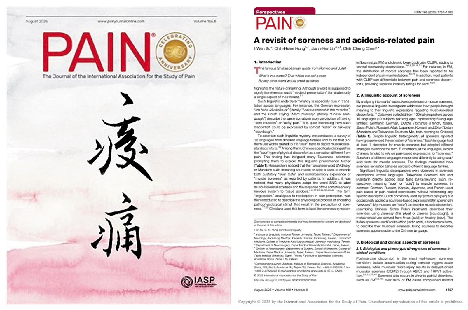 痠覺理論在8月登上疼痛研究權威期刊,封面上的書法字,是台大醫學院麻醉科名譽教授孫維仁的手筆。(陳志成提供)