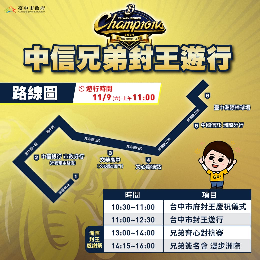 中信兄弟封王遊行以「市政公園」為首站,終點將回到「英雄谷」台中洲際棒球場。(台中市運動局提供)