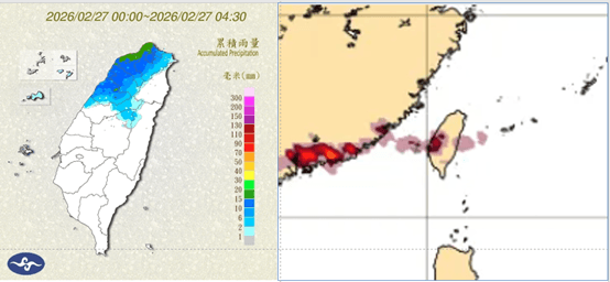 左圖：今晨4時30分累積雨量圖顯示，中部以北明顯降雨。右圖：最新歐洲模式、3月3日2時閃電模擬圖顯示，中部附近有閃電（春雷）發生。對流胞的準確模擬，對任何模式而言皆不容易，僅可視為機率是存在的。（翻攝自氣象應用推廣基金會）