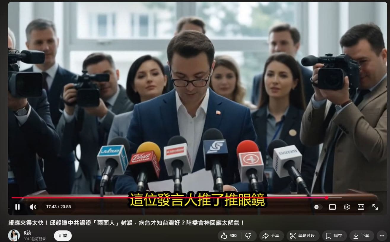 這類AI影片相當細節，甚至形容陸委會發言人會「推眼鏡」。（翻攝YT）