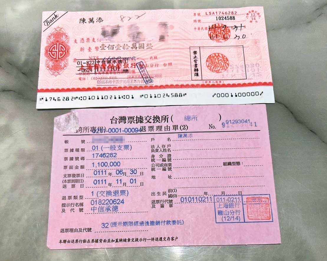 陳萬添借錢時都會開支票當擔保,但A小姐要存入戶頭時卻慘遭跳票。(讀者提供)