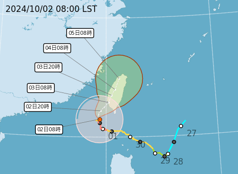 山陀兒暴風圈已接觸嘉義以南及台東陸地。（翻攝自中央氣象署官網）