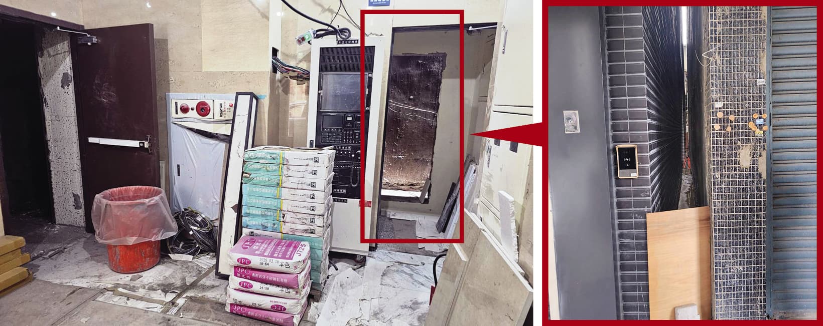 恆合建設私增門戶(左圖),導致與鄰棟建築防火間隔縮小,形成公安問題。賦寓大樓與隔壁透天厝間的防火間隔非常狹小,若發生火災恐難擋延燒。(讀者提供/李育材攝)