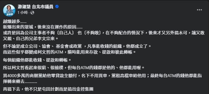 游淑慧酸柯文哲,再搞下去「可能不是屯田計畫而是金控集團」。(翻攝自臉書@游淑慧)