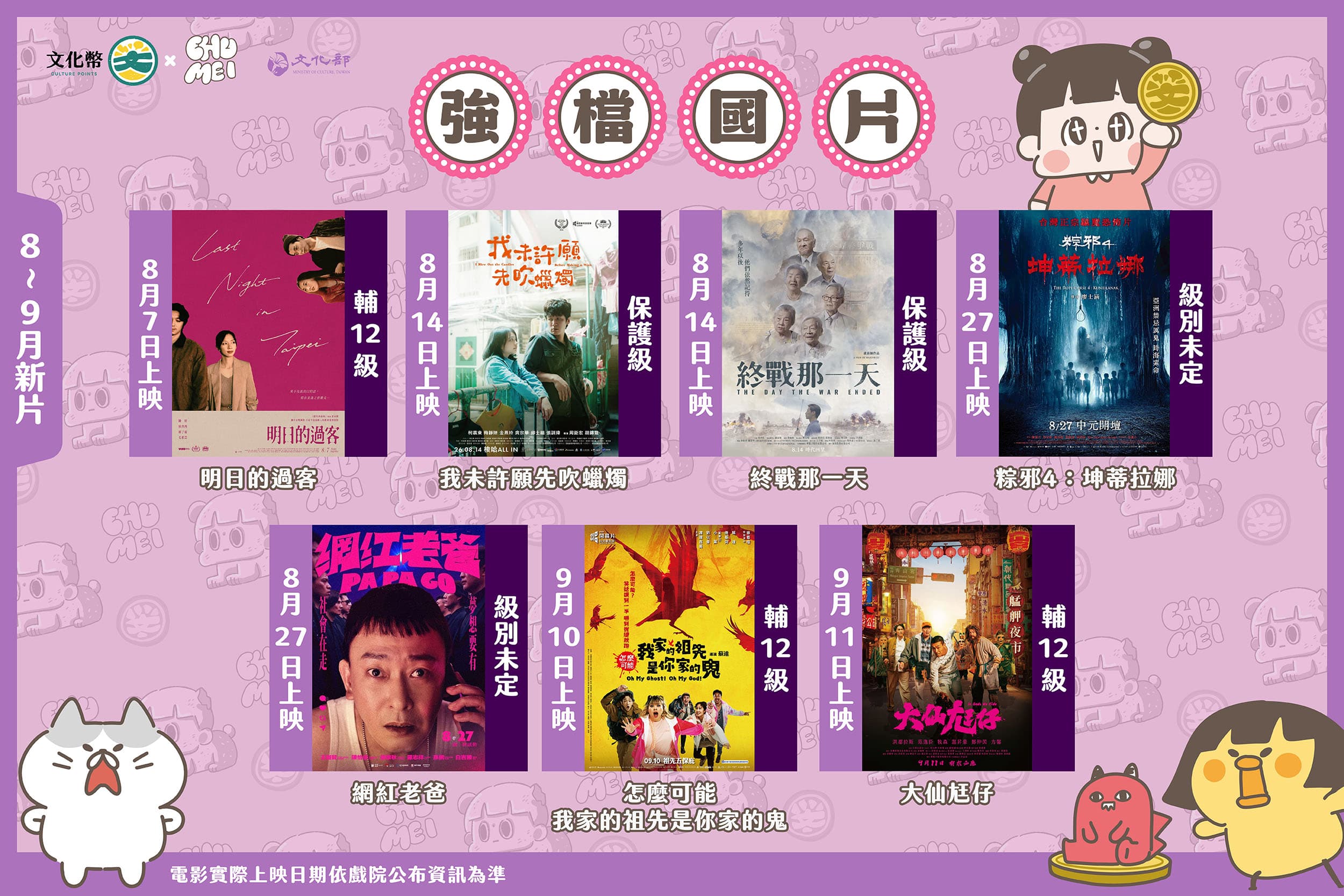 8、9月有多達7部國片上映,文化部邀青少年用文化幣一起挺國片。(文化部提供)
