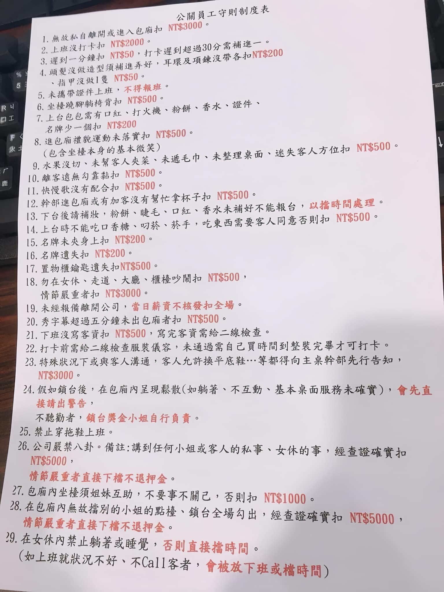 酒店妹工作罰則洋洋灑灑29條,讓網友感嘆錢難賺。(翻攝PTT)