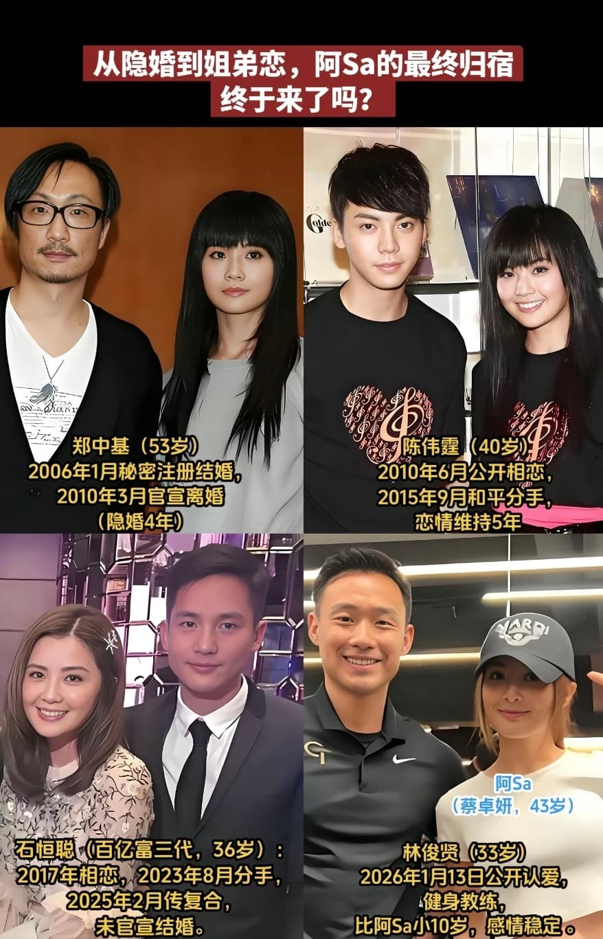 出道20多年來,蔡卓妍分別與藝人鄭中基、陳偉霆、麻將館太子爺石恆聰等人有過婚姻或交往,今天又再度步入婚姻。(微博圖片)