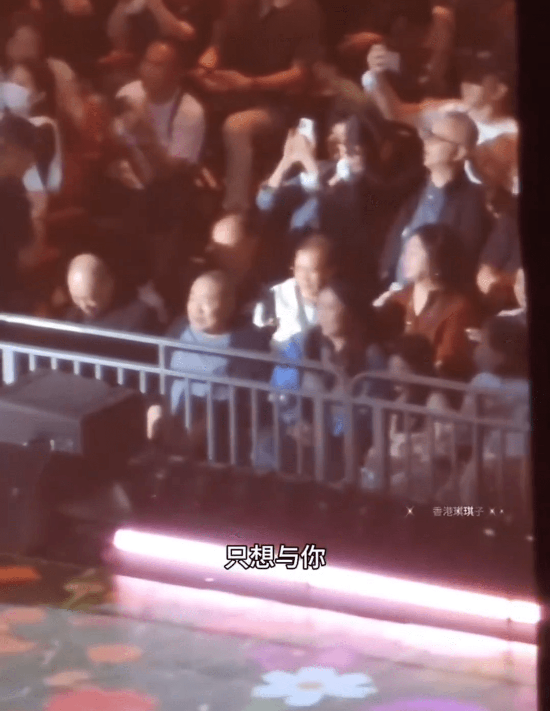 細劉(前排左起)、大劉、甘比和女兒坐第一排看譚詠麟演唱會。(翻攝微博)