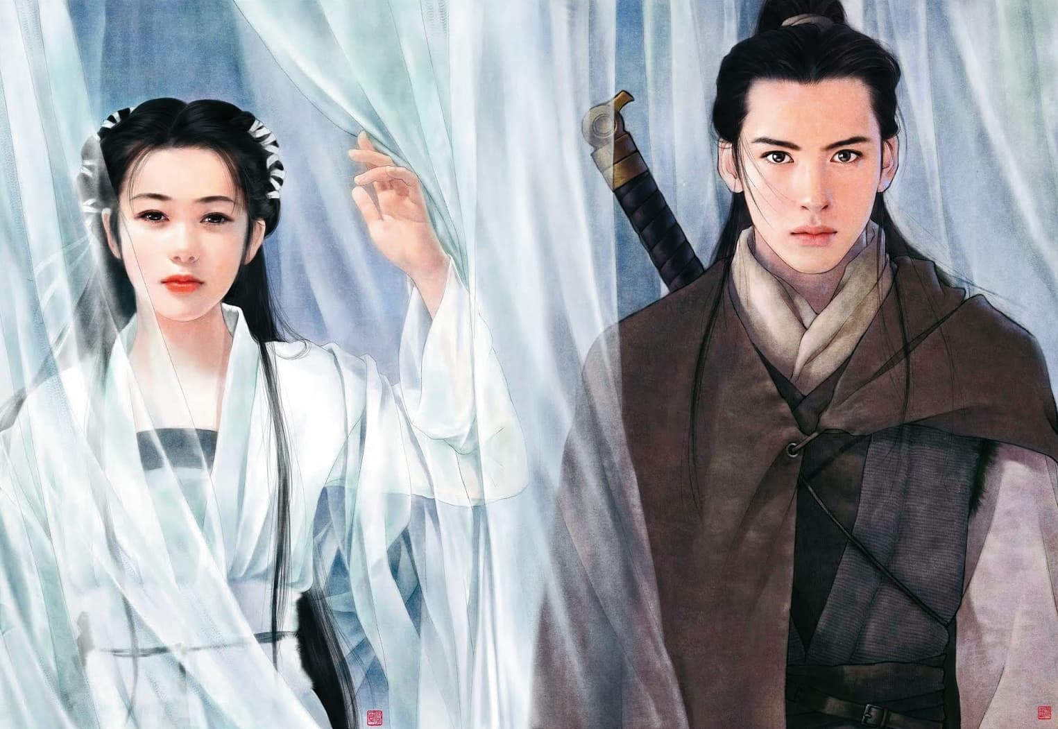 平凡夫妻曾為多款武俠電玩繪製角色,用於封面及視覺宣傳,圖為2000年推出的遊戲《新神鵰俠侶》。(平凡、陳淑芬提供)