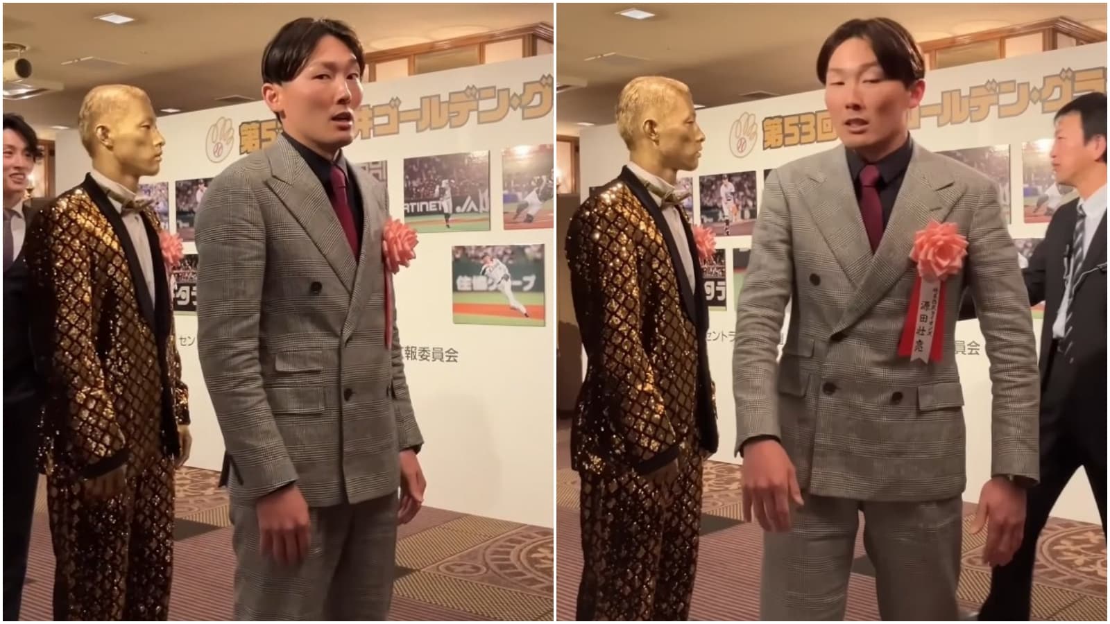 源田壯亮領三井金手套獎時,左手無名指不見「婚戒」身影。(翻攝西武獅YT)