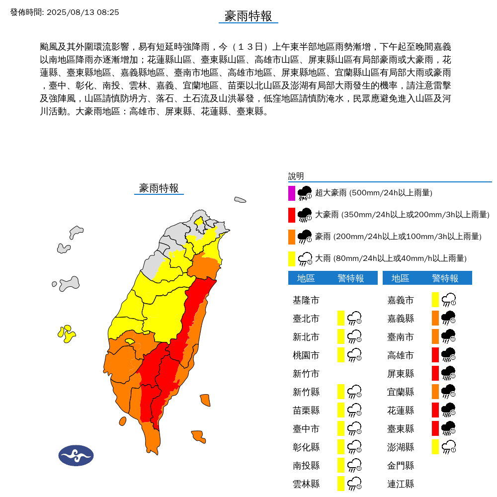 氣象署針對18縣市發布豪雨、大雨特報,提醒民眾留意狀況。(中央氣象署提供)