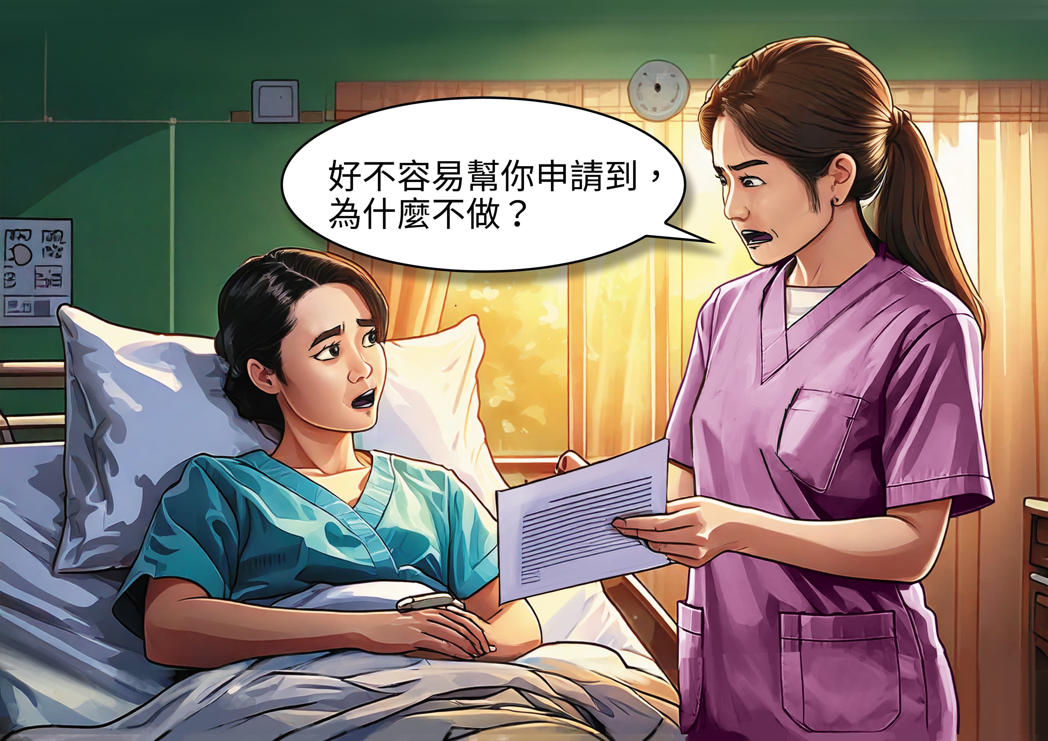 病患A小姐開刀前一晚,護理師態度強硬地逼她簽下熱化療同意書。 (AI繪圖Adobe Firefly生成,本刊美術組後製)