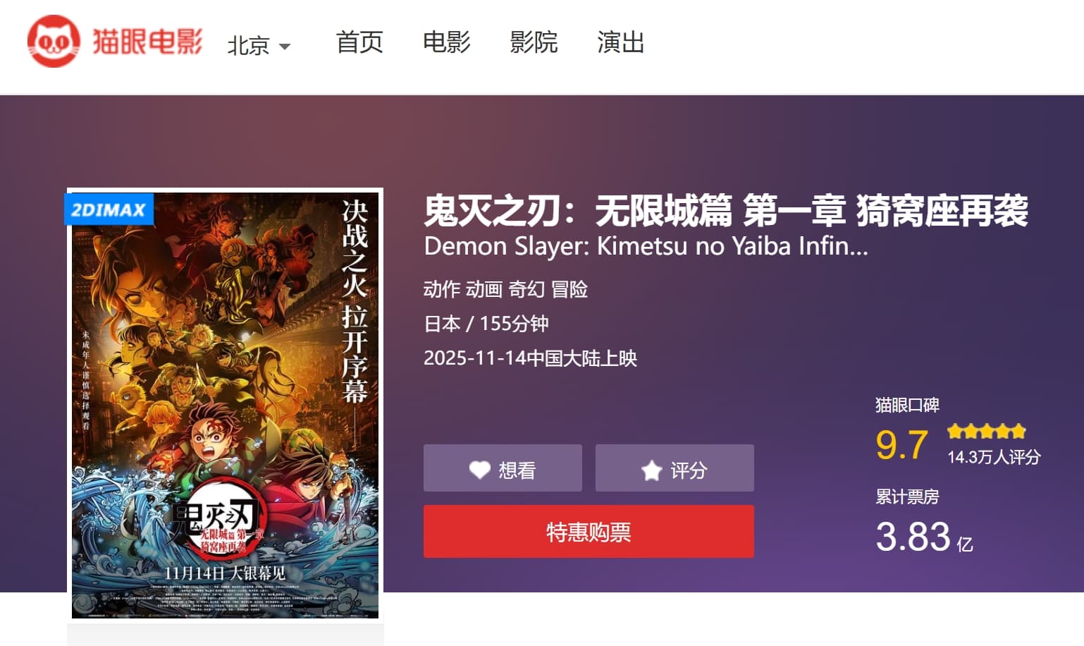 《鬼滅之刃:無限城篇第一章猗窩座再襲》劇場版14日在中國上映後,立刻榮登票房冠軍。(翻攝貓眼電影網站)
