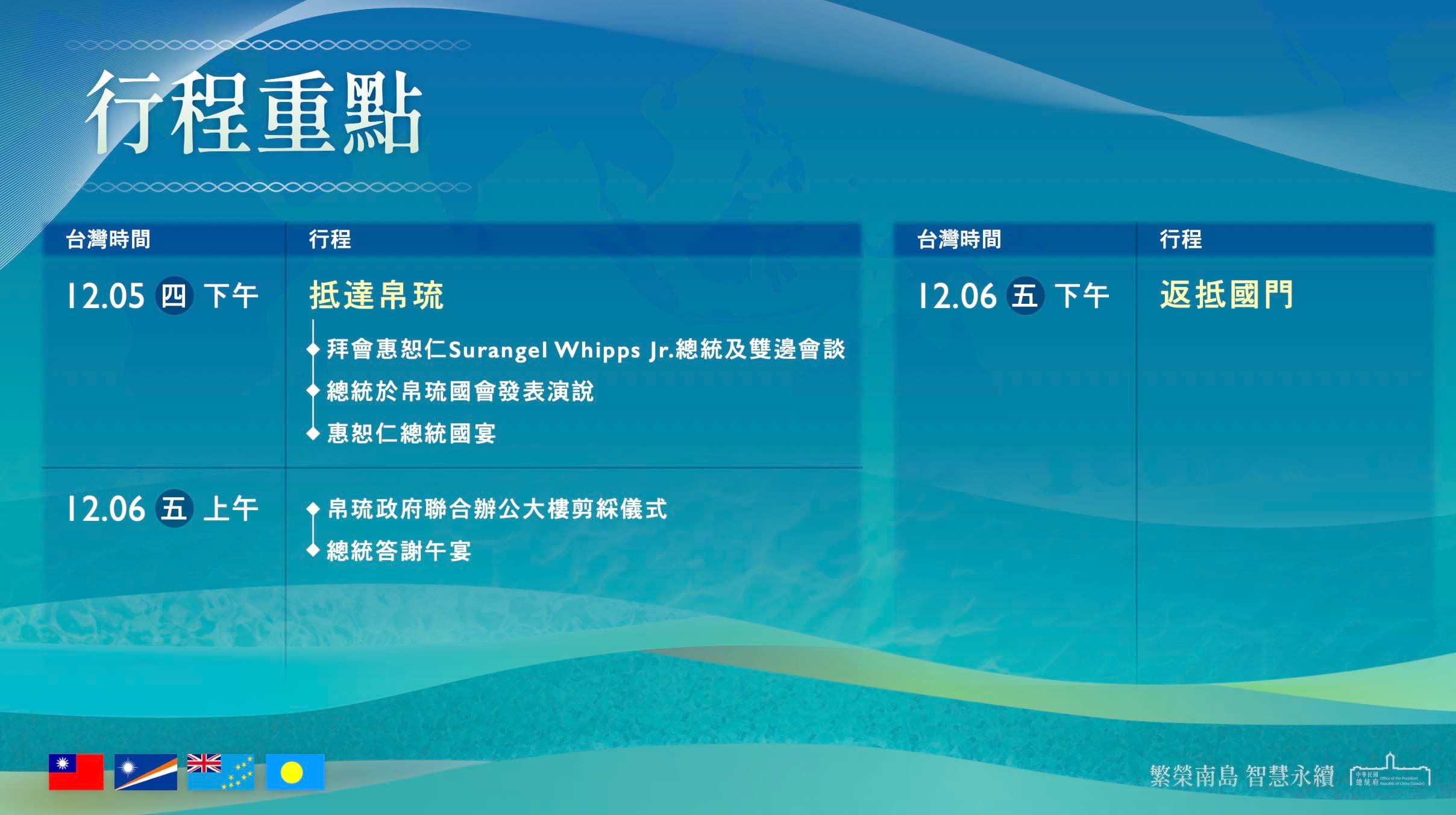 總統府公布賴清德出訪行程。（總統府提供）