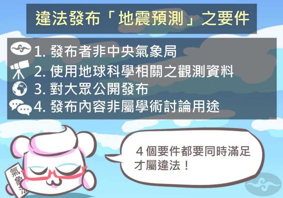 違法發布「地震預測」的要件之4要件。(中央氣象署提供)