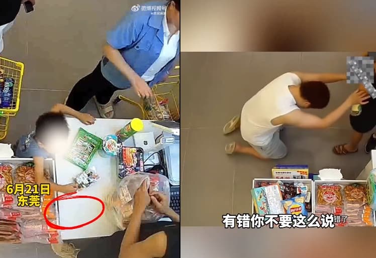 老闆為息事寧人,不得不向顧客下跪求饒,事後調閱監視器證實是男童偷拿糖果。(翻攝微博)