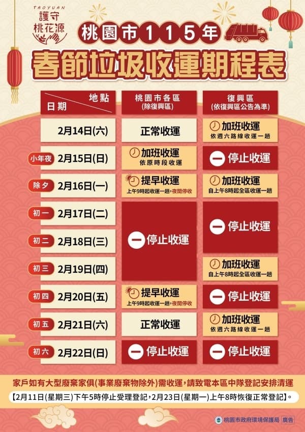 桃園市春節期間垃圾清運時間一覽。(環保局提供)