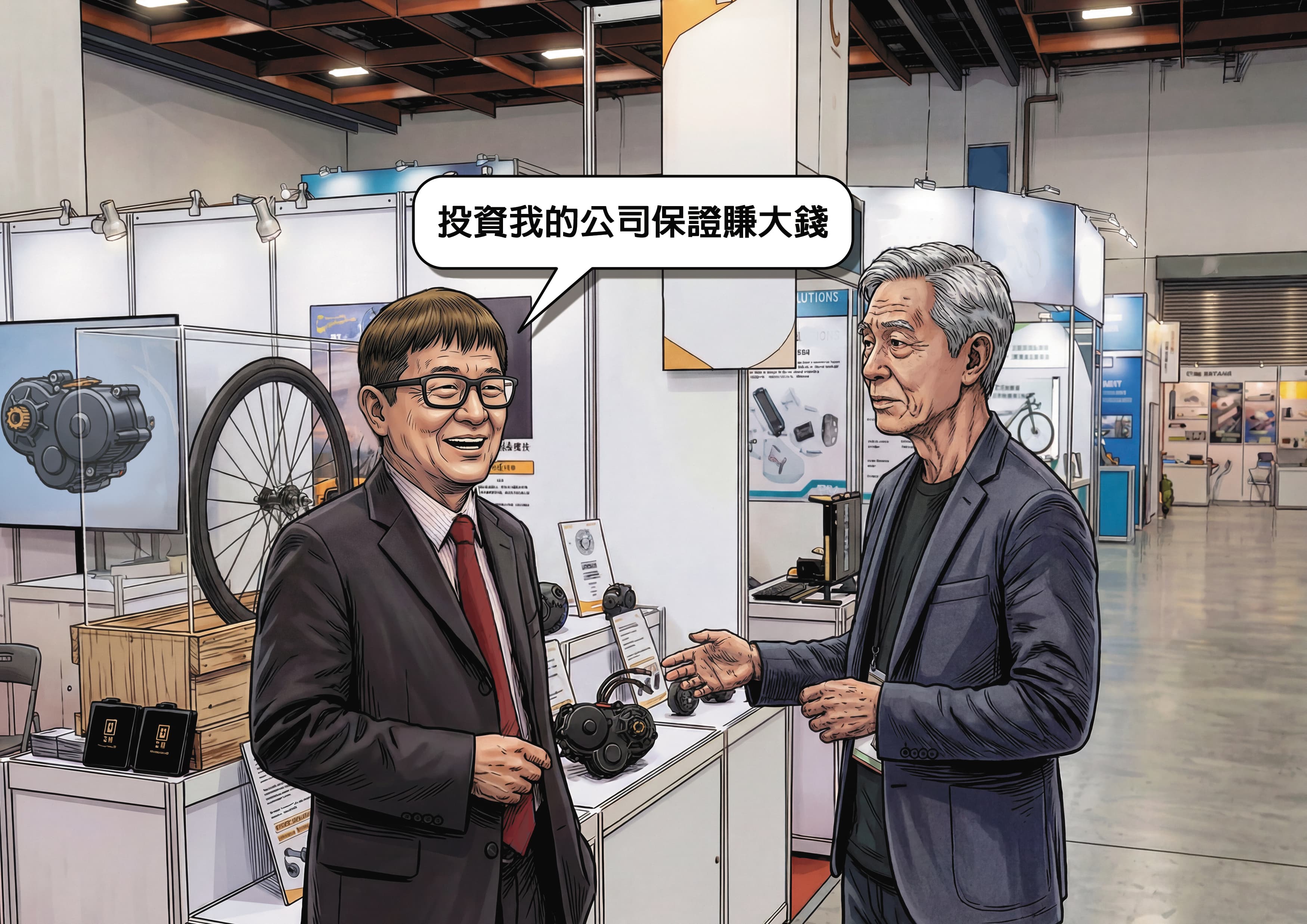 姚立和(左)宣稱是特斯拉的協力廠商,力邀港商投資。(示意畫面,AI繪圖magnific生成,本刊美術組後製)