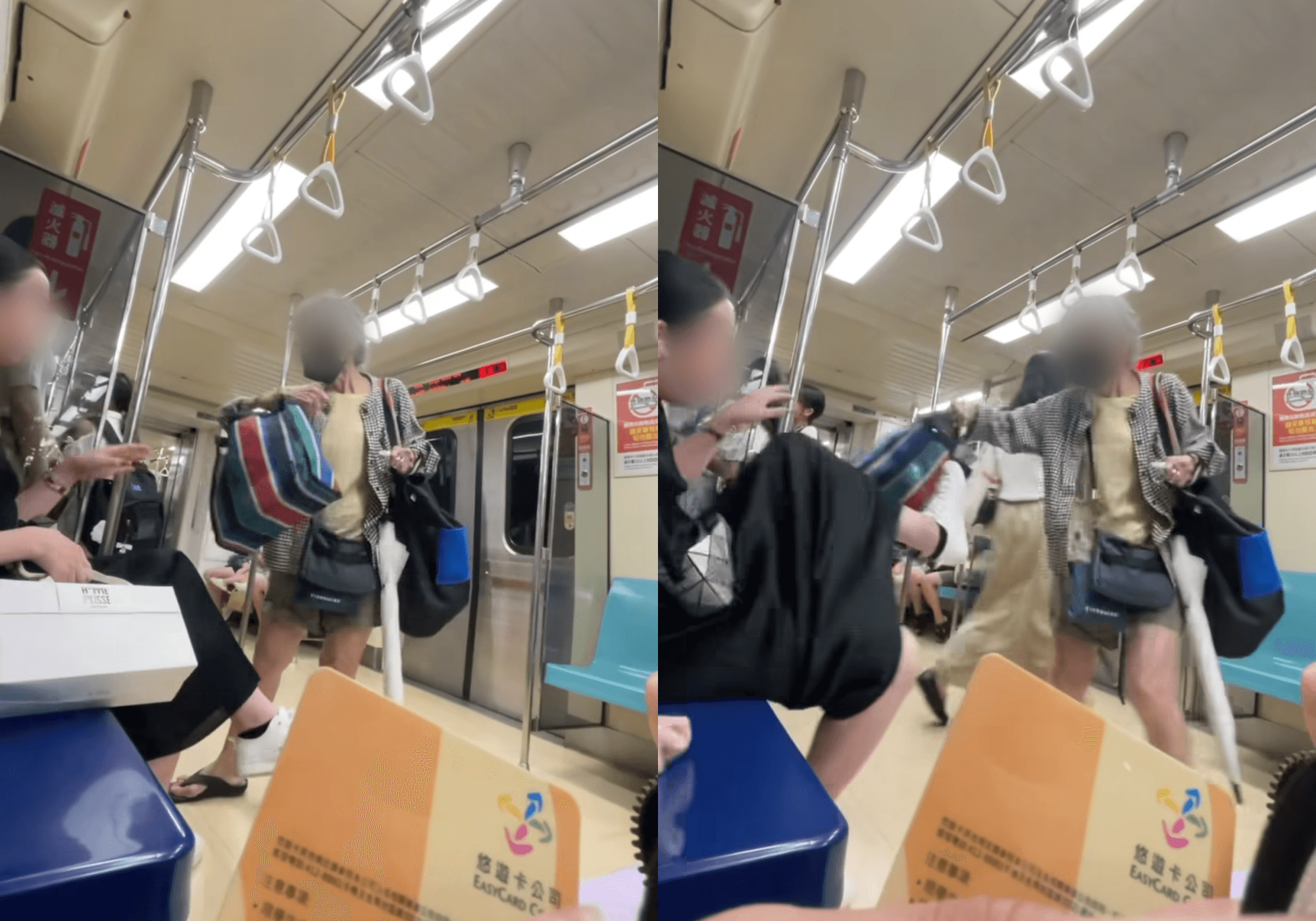 曾姓婦人29日在台北捷運列車上用包包揮打坐在優先席的年輕人。(翻攝threads@queen7_910)