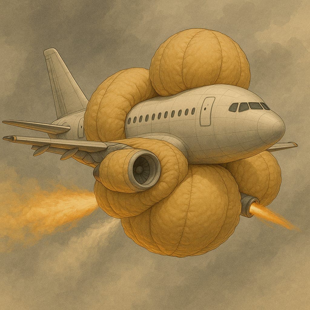 AI示意圖顯示,飛機在引擎故障時,巨型氣囊迅速膨脹,將整架機身包裹成「防護繭」,降低墜地衝擊力。(翻攝jamesdysonaward.org)