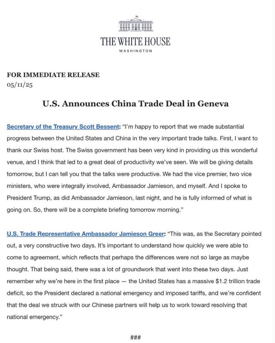 美中貿易談判結束後,白宮發布新聞稿。(翻攝自X@WhiteHouse)