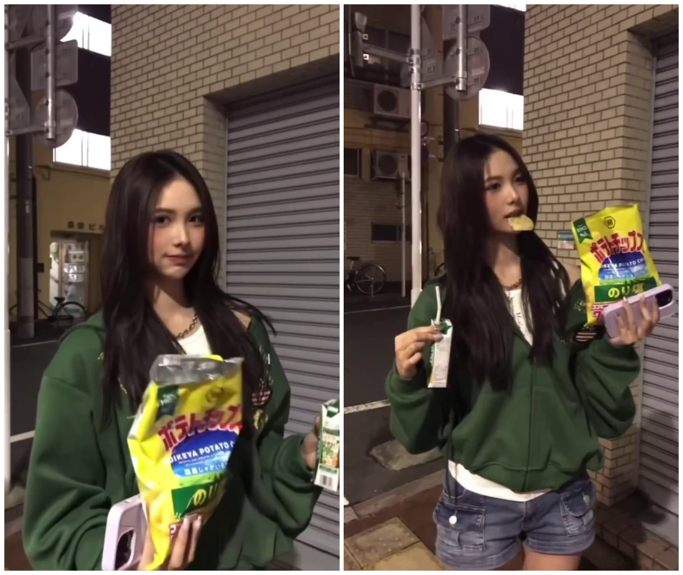 蔡中泠在東京街頭拍短影片,叼著洋芋片模樣可愛。(翻攝蔡詩萍臉書)