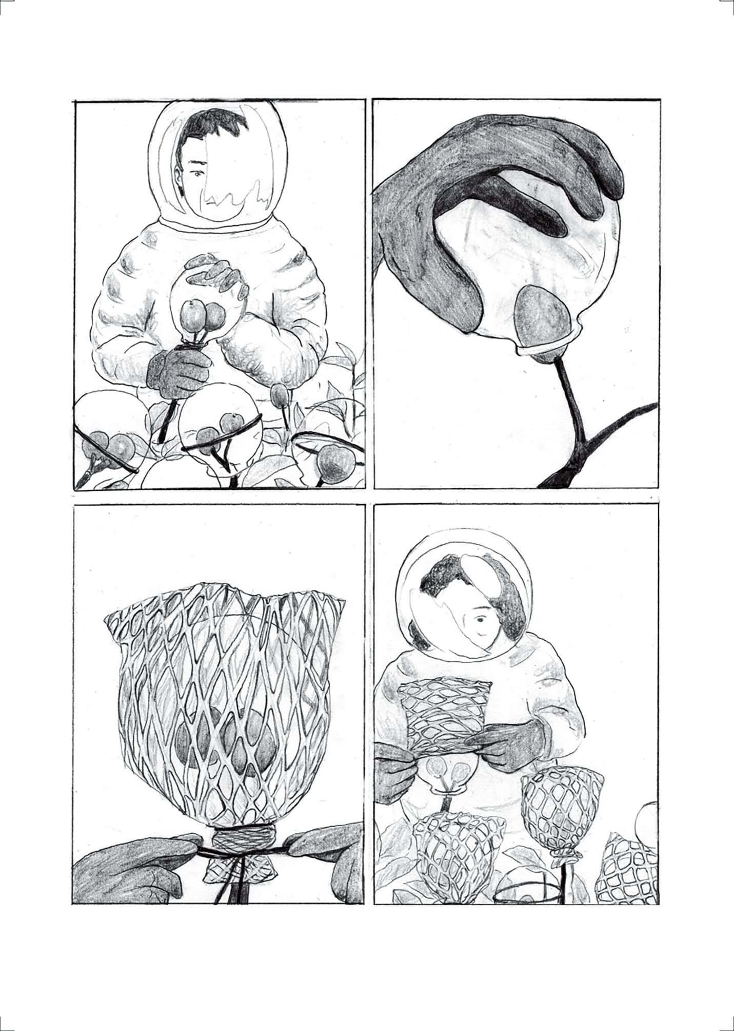 何安妘以台中東榮農場老闆蘇光明製作「瓶中梨」的甘苦,轉化成帶有奇幻風格的作品〈酒是機率—永不分離的機率〉。(聚場文化提供)