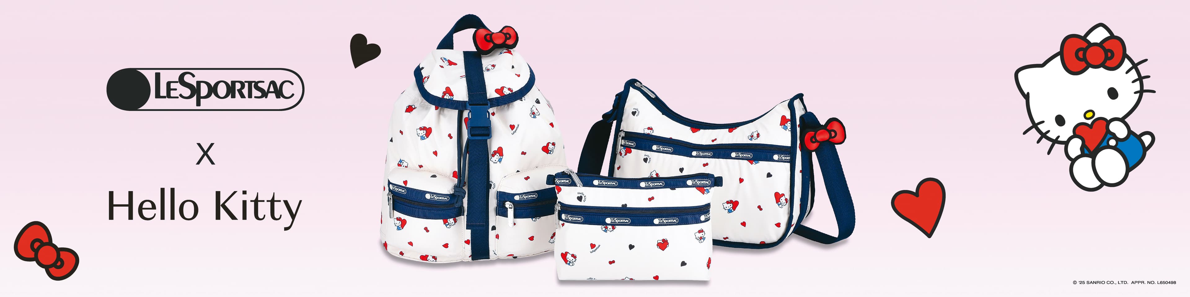 Hello Kitty x LeSportsac 2026春季聯名系列以愛心、蝴蝶結展現甜美風格又兼顧實用功能。(藍鐘提供)