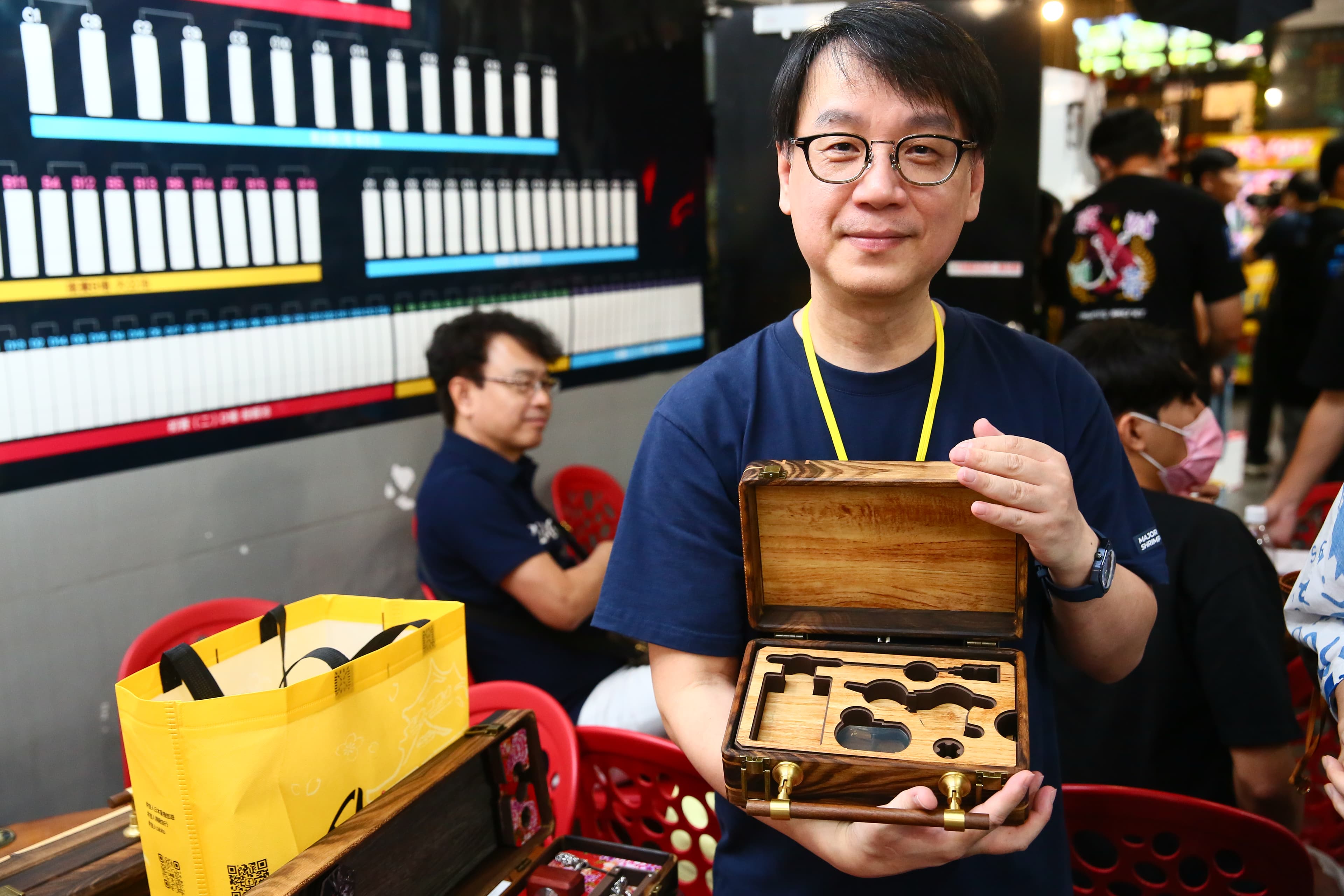 張林裕除了是釣蝦文化發展協會理事長,也是釣蝦交流平台「蝦戰天下」的創辦人,他自己開發釣蝦工具箱,因體積小,又戲稱為「偷跑箱」。