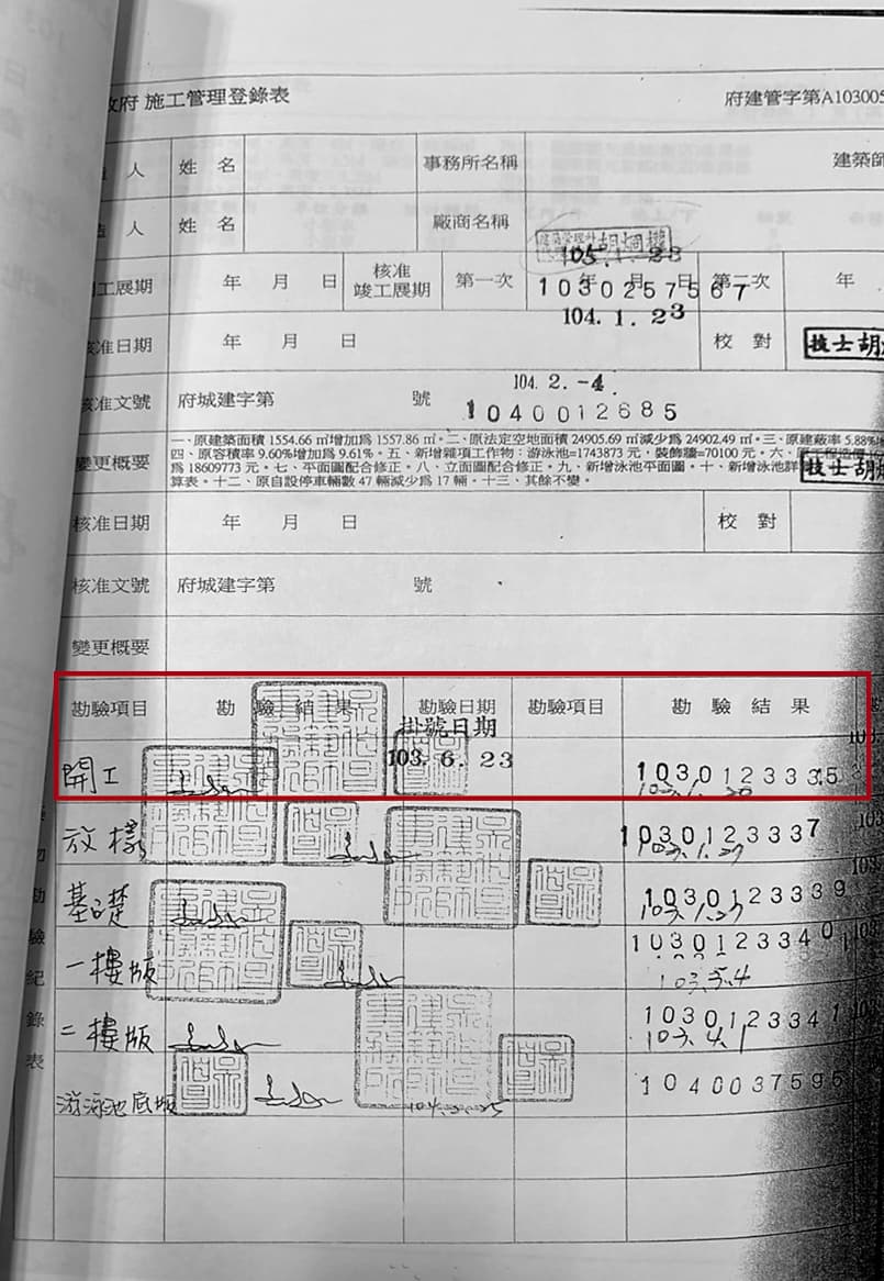 日暉2014年6月申請勘驗，縣府申報書竟記載同年1月、3月、4月勘驗完成。（讀者提供）