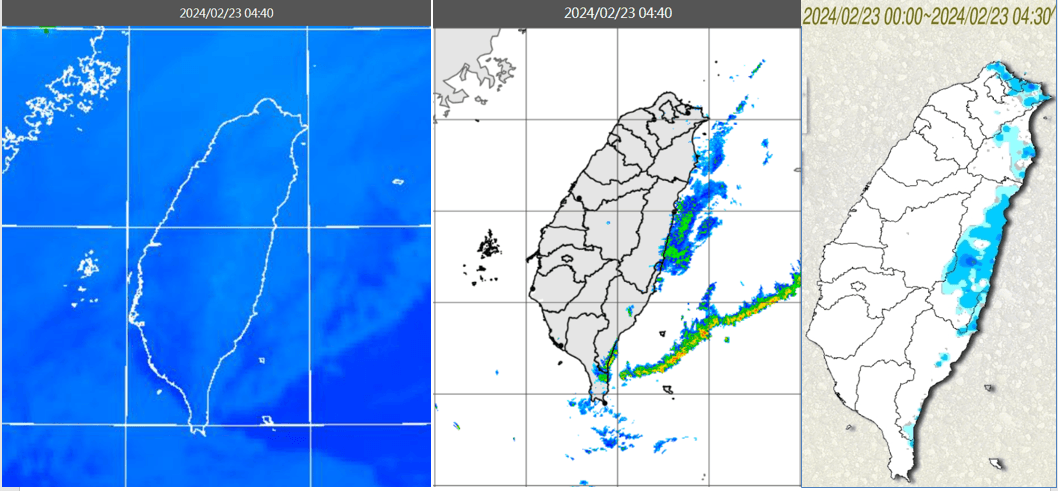 今晨4:40紅外線色調強化雲圖顯示,迎風面有較多低雲(左圖)。4:40降水回波合成圖顯示,東半部海面有弱降水回波(中圖)。4:30累積雨量圖顯示,北海岸、東半部零星雨(右圖)。(翻攝自「三立準氣象.老大洩天機」)