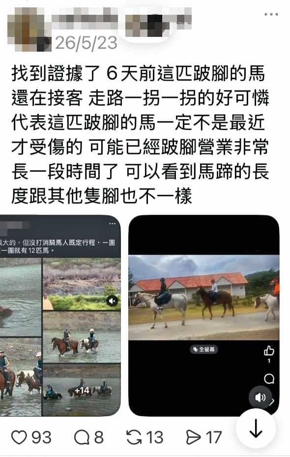 網友PO照發文,指控馬匹受傷生病,悠客馬場仍要牠們照常上班。(讀者提供)