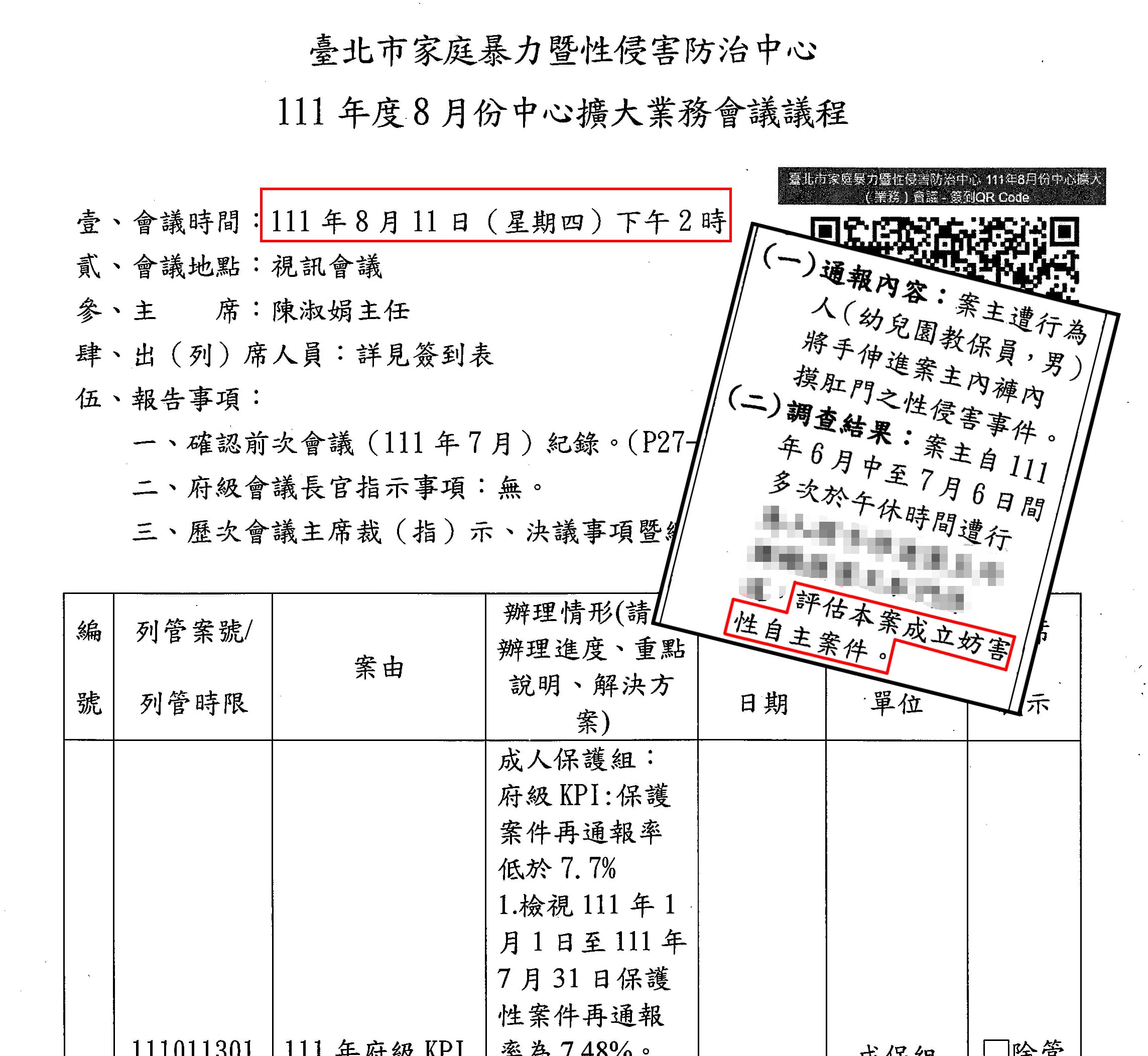 本刊取得關鍵重要會議記錄,內容載明,2022年8月北市社會局召開擴大業務會議,就已對幼兒園性侵事件立案,但相關單位後續卻毫無作為。