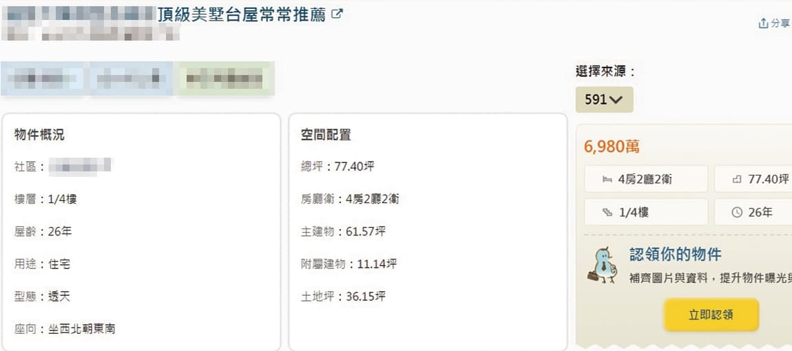 吳宗憲二女兒Vivian賣房，一開始開出物件總價6,980萬元，一坪價錢落在90萬元上下。（讀者提供）