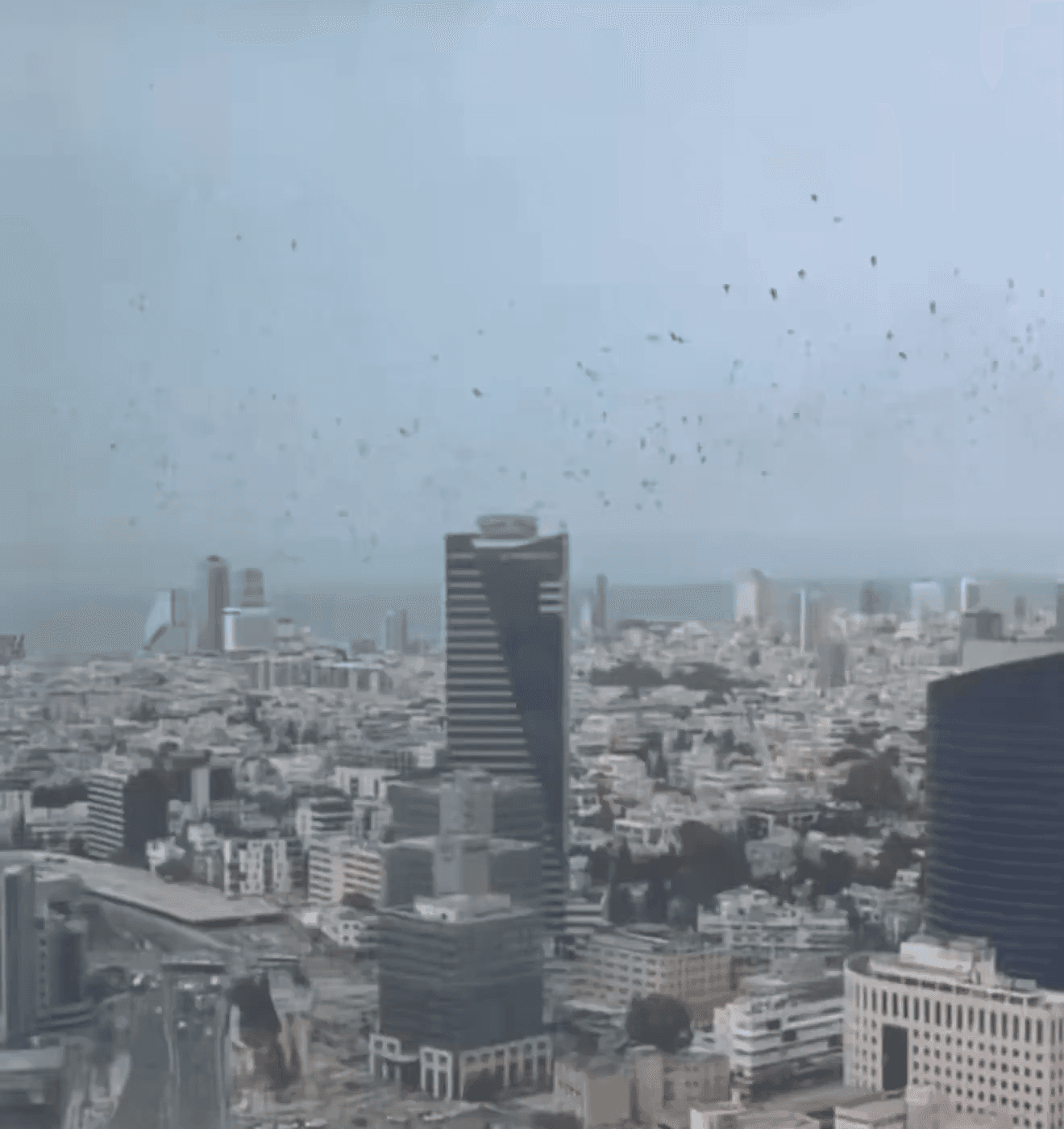 以色列特拉維夫上空出現大量烏鴉盤旋，畫面在社群平台瘋傳。（翻攝X@Jvnior）