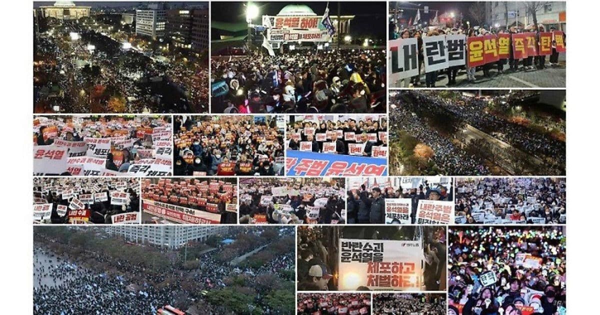 北韓黨媒《勞動新聞》在報紙刊登多張南韓民眾在國會抗議的照片。(翻攝自勞動新聞)