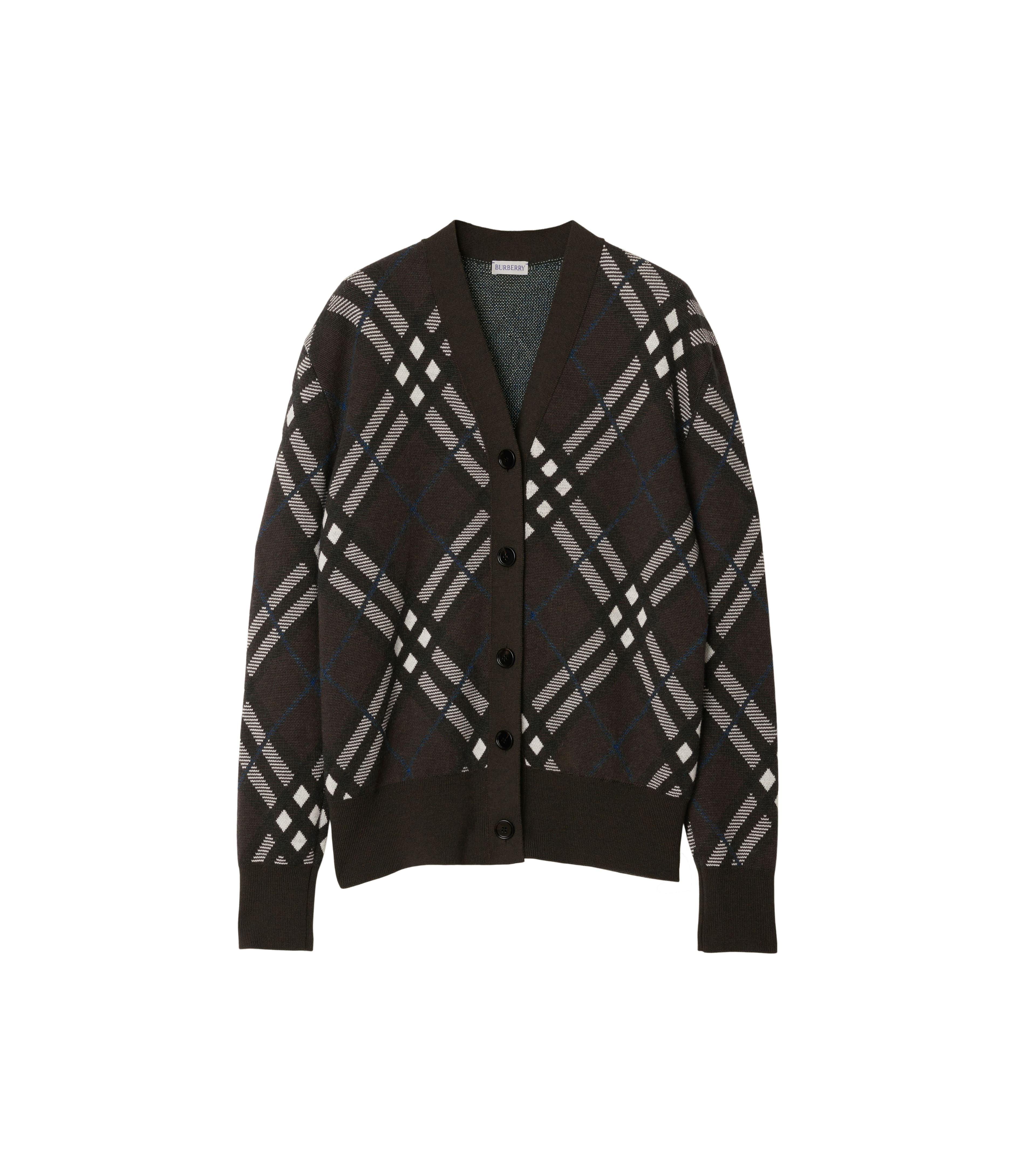 暖感棕色格紋羊毛混紡開襟針織衫。NT$49,900(BURBERRY提供)